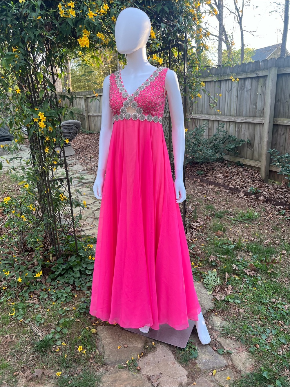 Vintage 1960’s Hot Pink Beaded V-Neck Maxi Dress for Women